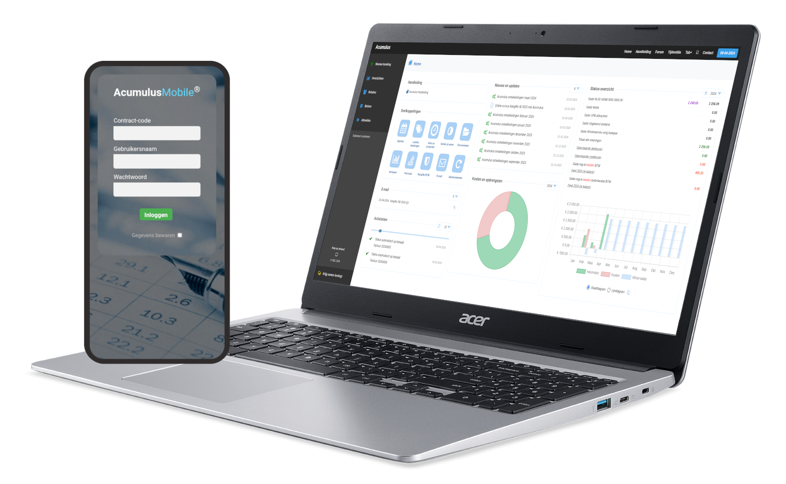 Schermafbeelding van Acumulus — Dashboard on laptop with mobile app login