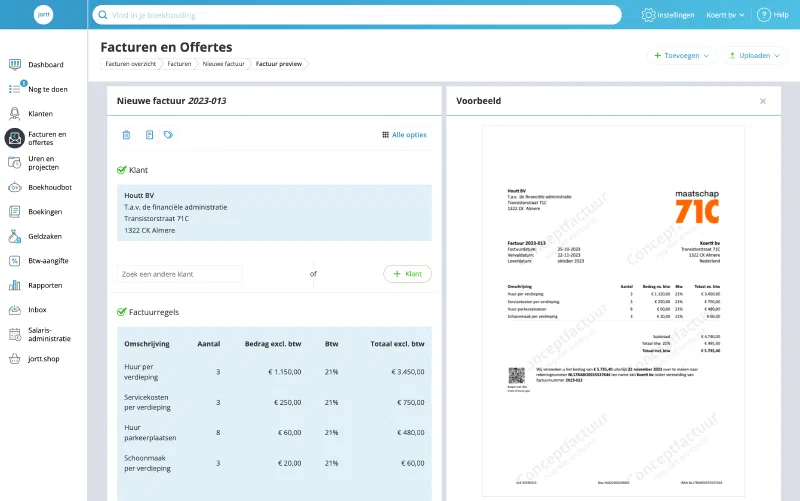 Schermafbeelding van Jortt — Invoice editor with live preview