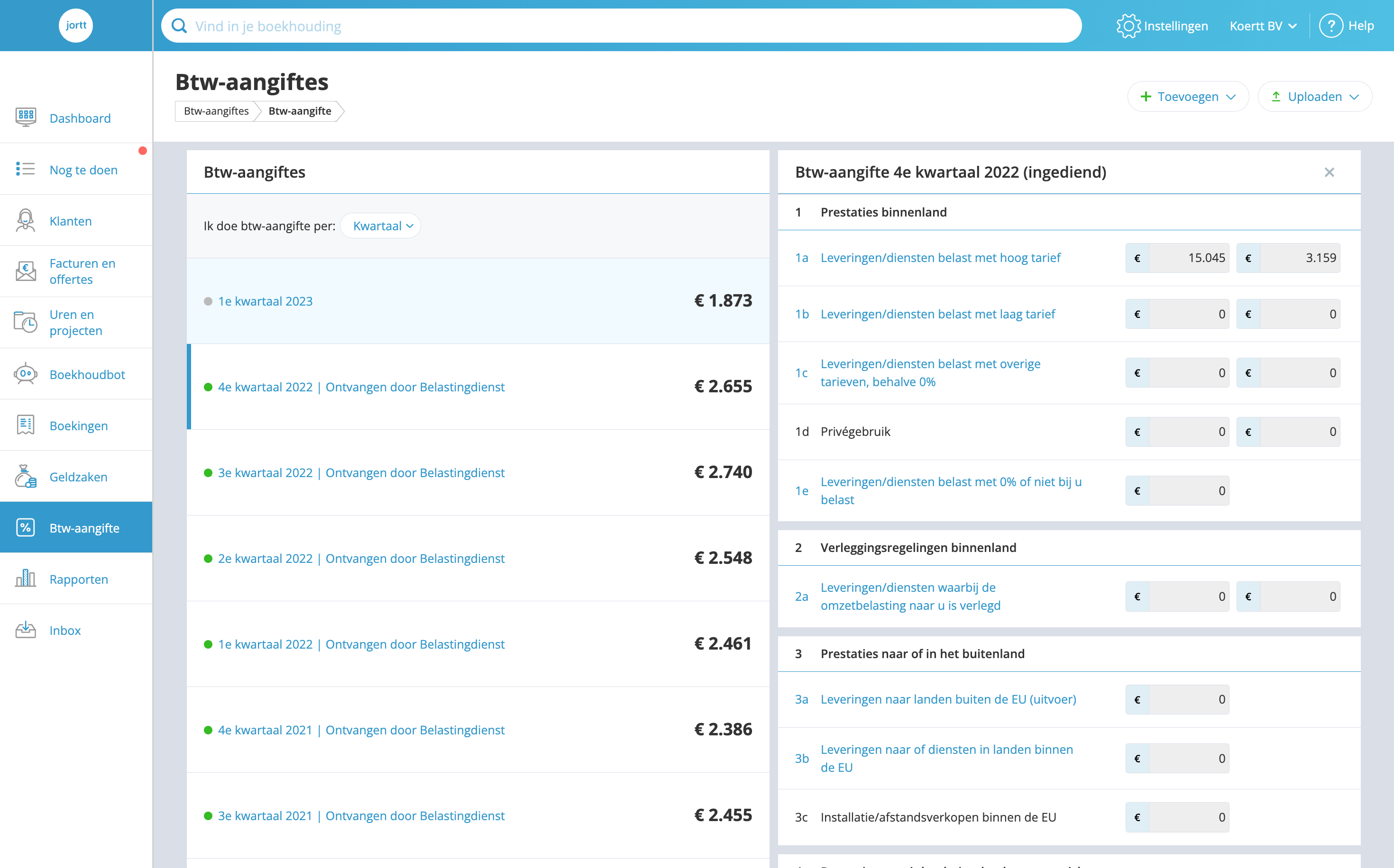Schermafbeelding van Jortt — VAT return overview