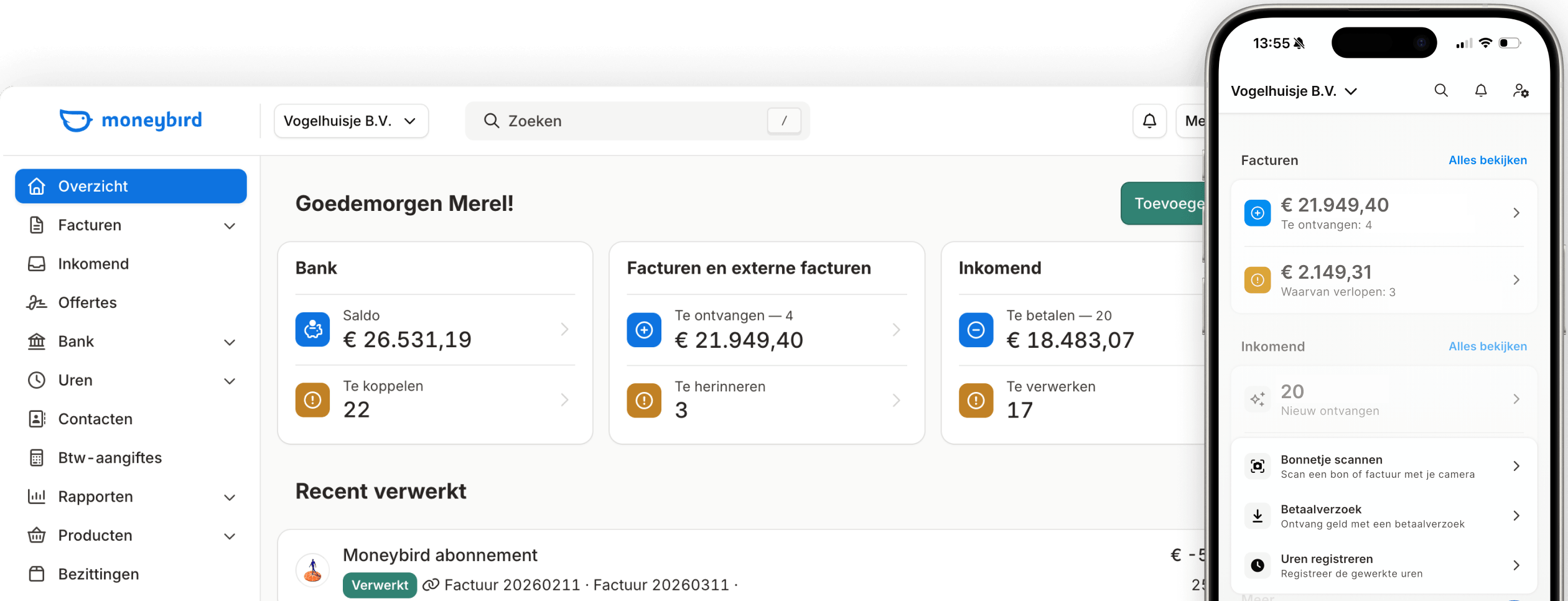 Schermafbeelding van Moneybird — Dashboard with mobile app