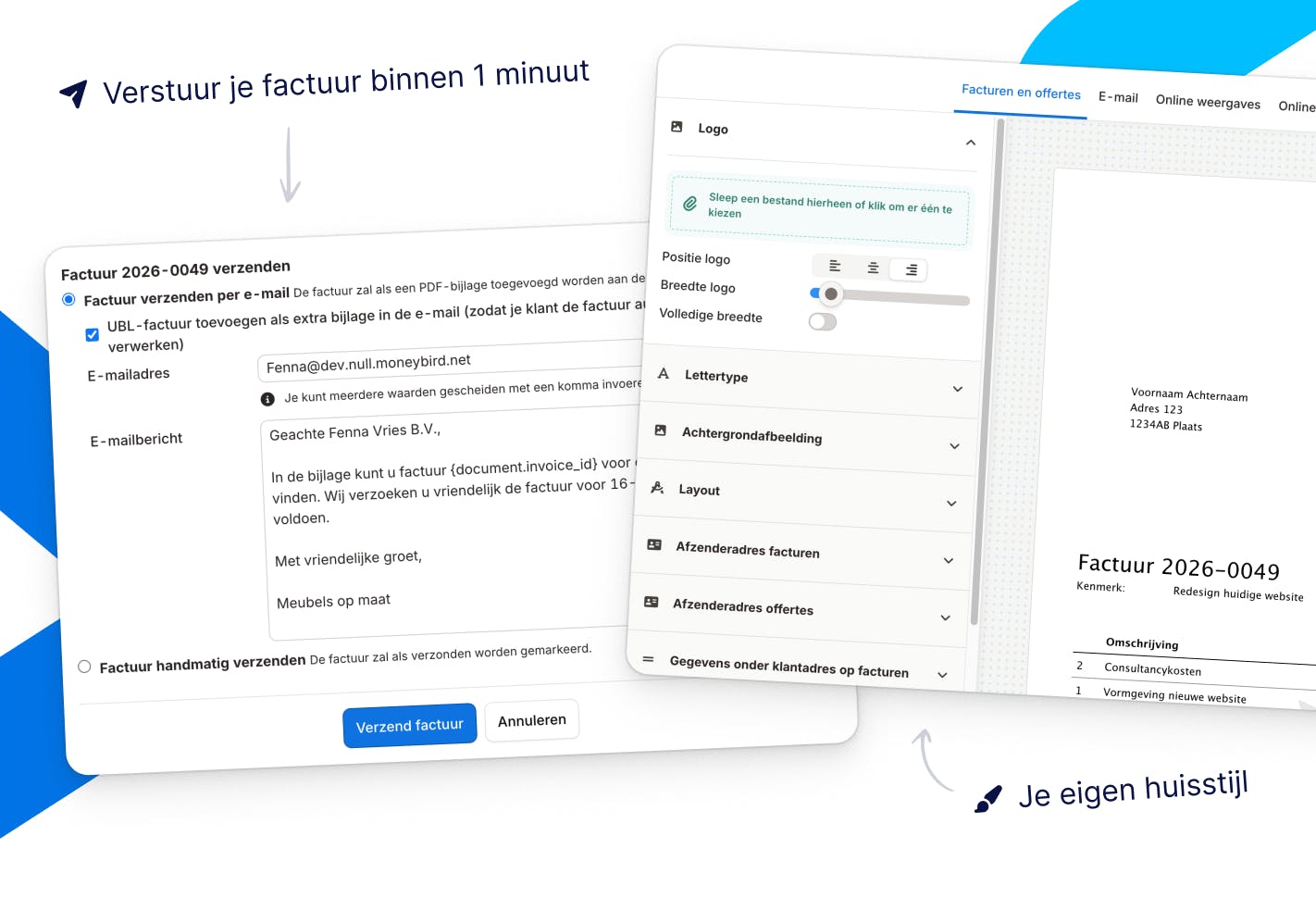 Schermafbeelding van Moneybird — Invoice sending and layout editor