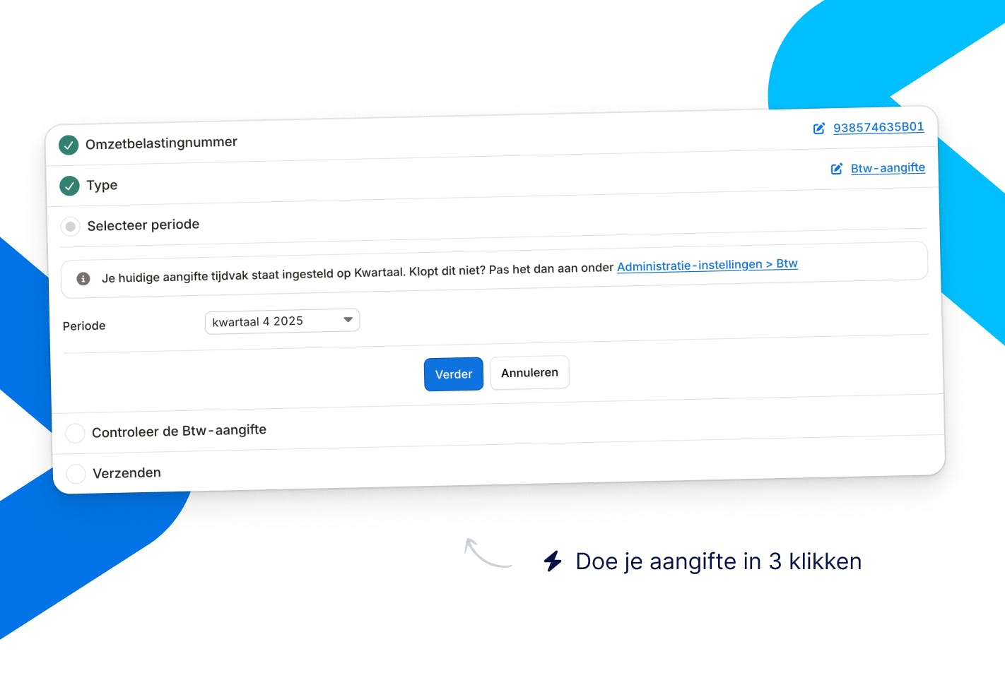 Schermafbeelding van Moneybird — VAT return flow