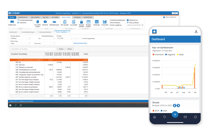 Schermafbeelding van SnelStart — Desktop bookkeeping view with mobile app dashboard