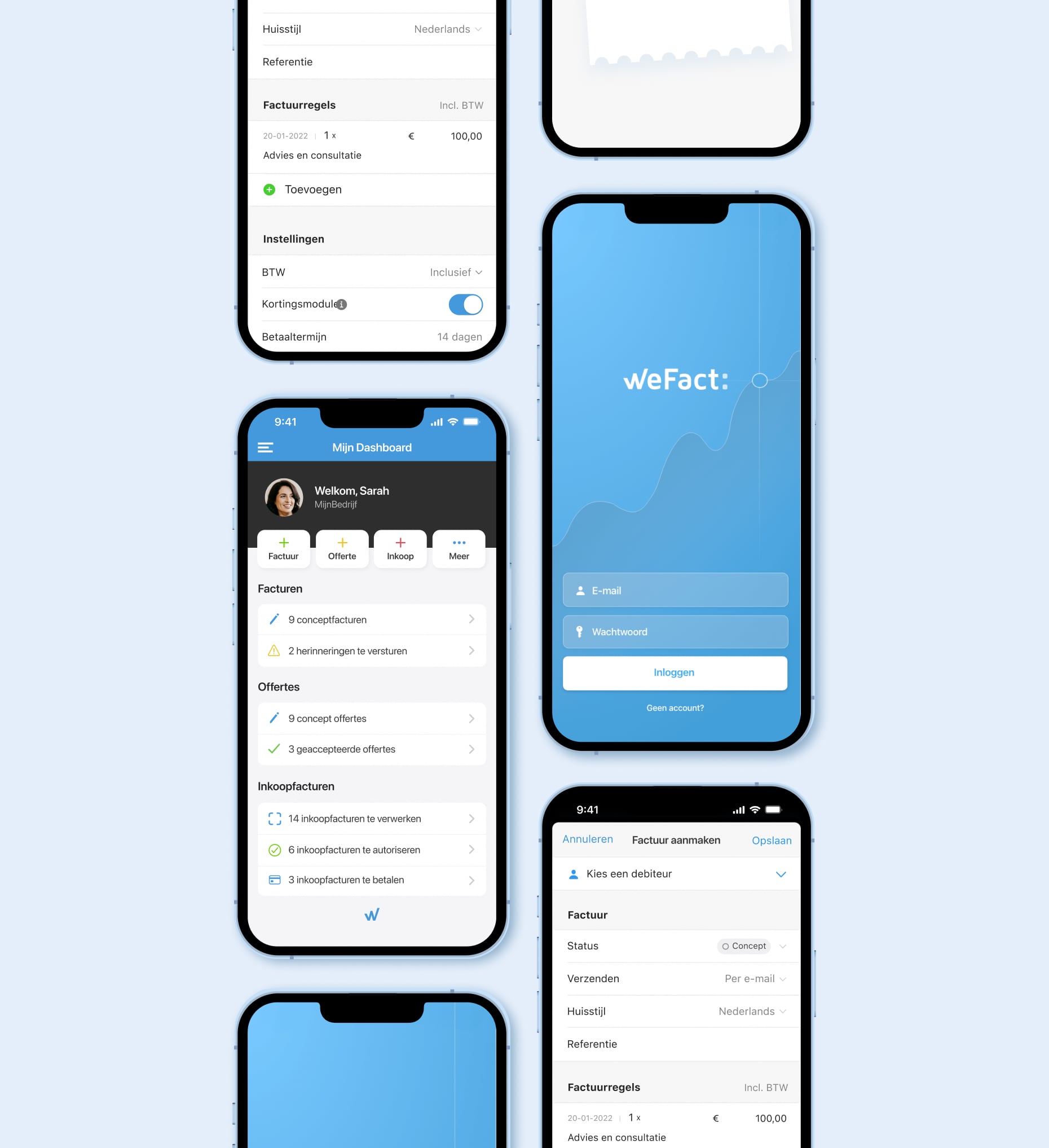 Schermafbeelding van WeFact — Mobile app screens: invoice editor and dashboard
